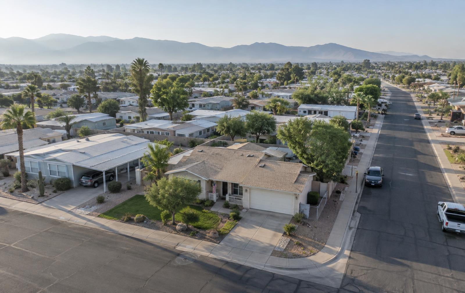 Green spaces and homes in a manufactured housing community