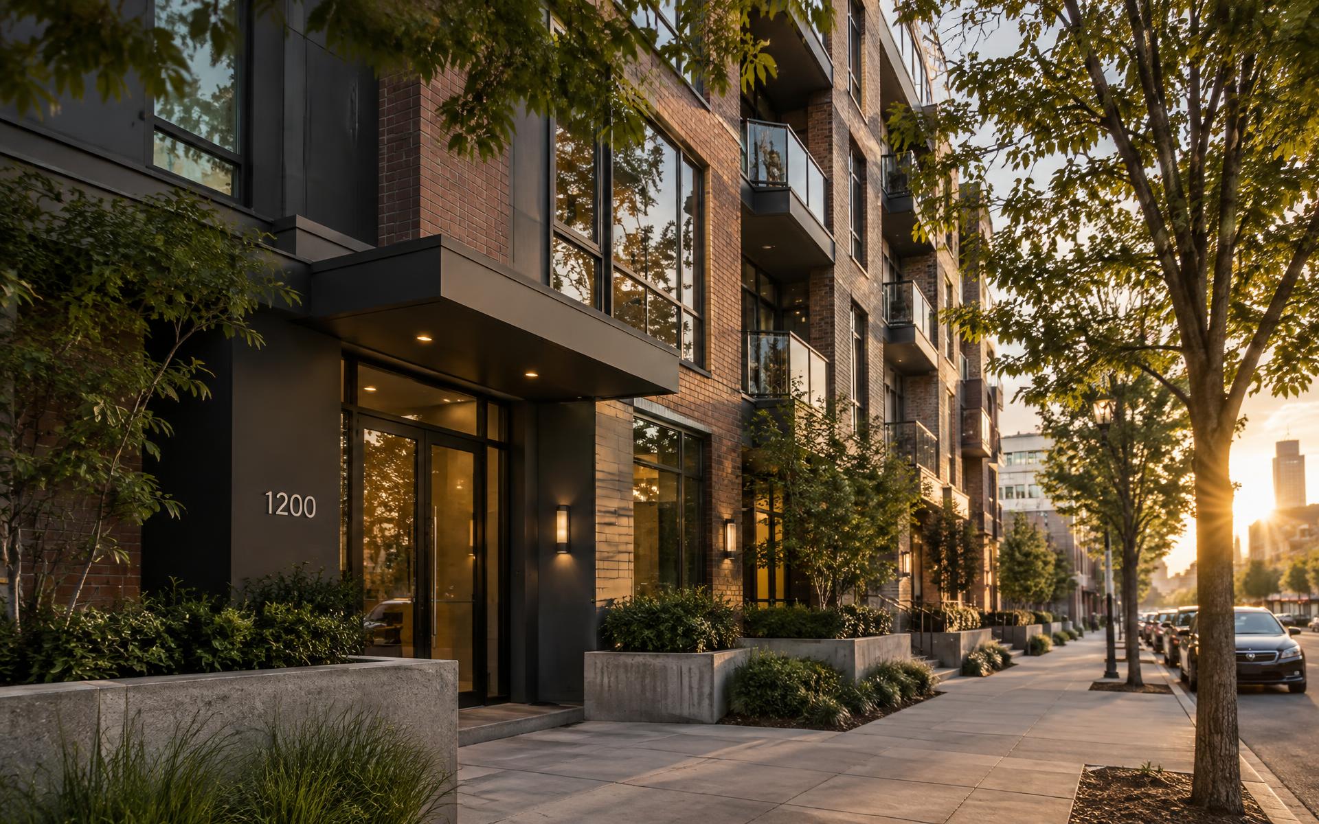 Landscaped entrance of a contemporary residential building